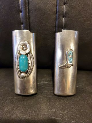 2 Vtg Southwestern - Style Sterling Silver,  Turquoise Bic Lighter Covers