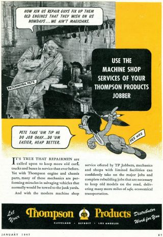 1947 Thompson Products Tp Jobbers Print Ad With Patchwork Pete & Pee Wee