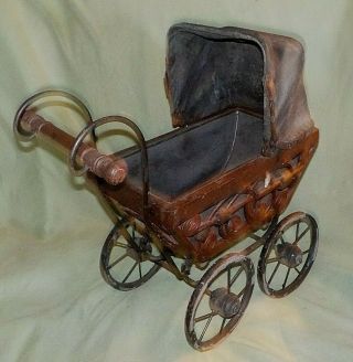 Vintage Wicker & Canvas Baby Doll Pram Carriage,  Metal Spoke Wheels
