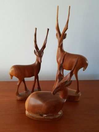 60s 70s Vintage Hand Carved Teak Wood Wooden Antelope Deer Ornament Mid Century