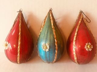 Vintage Victorian Christmas Ornaments Set Of 3 Wired Wrapped,  Teardrop Shape