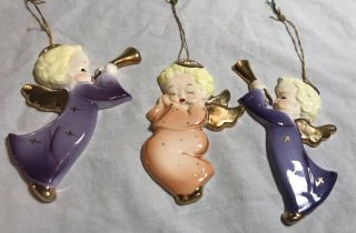 Vintage Yona Originals Ceramic Christmas Angel Tree Ornaments Japan Gold Trim