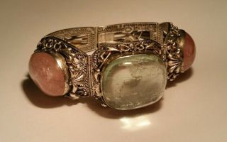Chinese Export Antique Pink & Green Tourmaline Silver Filigree Mesh Bracelet