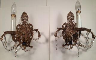 Vintage Antique PAIR Spanish Brass Wall Sconces Hollywood Regency Crystals 2