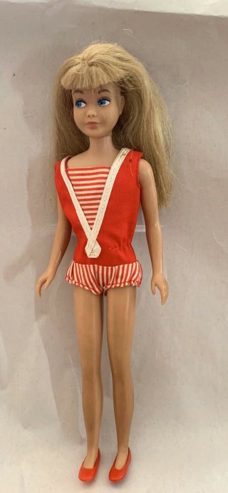 Vintage 1963 Mattel Straight Leg Blonde Skipper Doll - Red Striped Bathing Suit