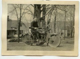 Vintage Antique 1920s Photo Man Sitting On His Harley Davidson Motorcycle