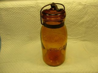 Antique Amber Globe Quart Fruit Jar 1886 Matching Lid 77 On Bottom
