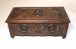Antique French Hand Made Carved Wood Folk Art Box Casket Ornate Storage Case