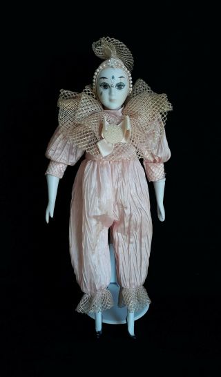 Vintage Music Porcelain Clown Jester Harlequin Doll Figure Pink,  Gold & Pearls