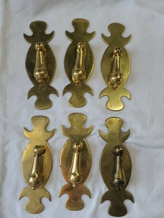 Set 6 Vintage Teardrop Brass Handle Drawer Pulls W/back Plates Vertical Mount