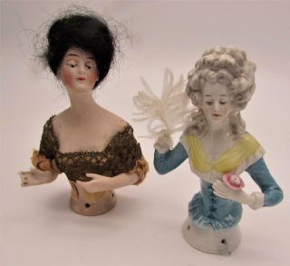 2 No.  Vintage / Antique German Porcelain Half Dolls Pin Cushions -