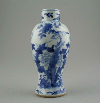 Antique Chinese Blue & White Porcelain Vase Peony Bird Kangxi Double Ring