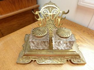 Vintage Metal Double Inkwell Stand 2 Glass Inserts Ornate