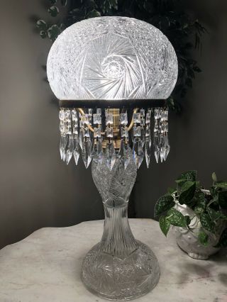 Antique Huge 26” Cut Glass Crystal Mushroom Shade Lamp All Prisms