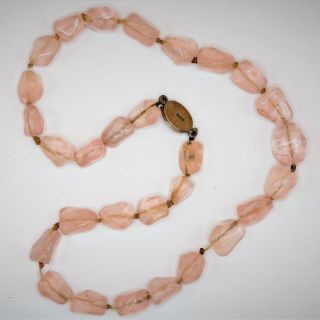 Antique Chinese Pink Rose Quartz Nugget Beads Necklace Fine Silver Clasp Vintage