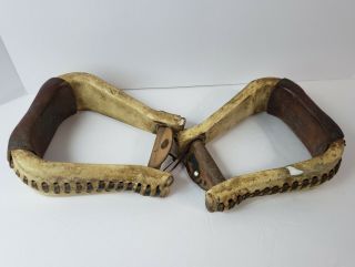 Vintage Worn Distressed Rawhide Leather Bell Western Stirrups Horse Ride Saddle