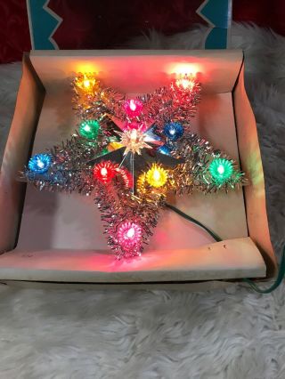 Vtg Star Silver Gold Christmas Tree Topper 11 - Light Tinsel Blink 8 " Euc