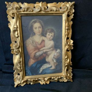 Vintage Italian Florentine Gold Gilt Wood Frame With Madonna Print 7.  5”