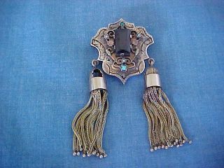 Antique Victorian 9k 14k Gold Brooch Pin Pendant Garnet & Gemstones With Tassels