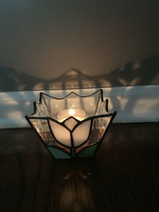 Vintage Leaded Stained Glass Candle Holder Box W/ White Tulip