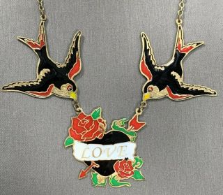 Vintage Cloisonné Colorful Heart Love Birds Pendant Necklace Gold Tone Chain 20”