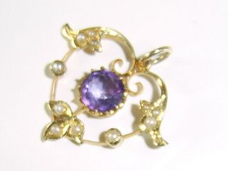 Small Art Nouveau Antique 9ct Gold Pendant Amethyst & Seed Pearls