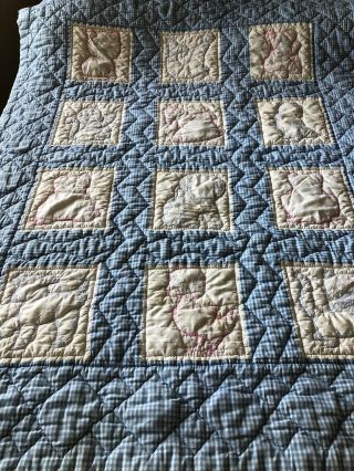Vintage Hand Embroidered And Hand Quilted Baby Quilt Blue And White Check