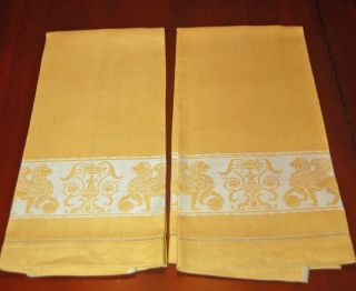 Vintage Reversible Heavy Damask Linen Towels - Rich Gold -