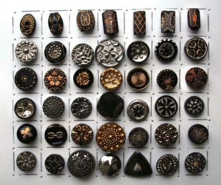 42 Antique & Vintage Black Glass Buttons / Silver & Gold