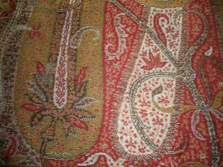 Antique Wool Paisley Kashmir Shawl Fabric Lg.  Fragment Reds Olive Lyon France