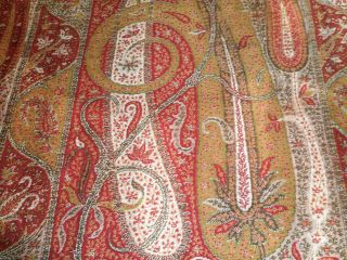 Antique Wool Paisley Kashmir Shawl Fabric Lg.  Fragment reds olive Lyon France 3
