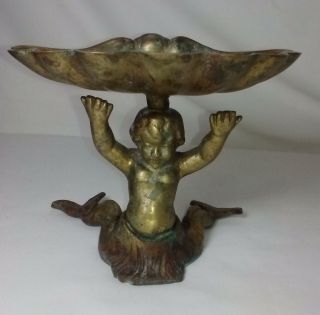 Vintage Solid Brass Mermaid W/ Shell Soap Dish Holder