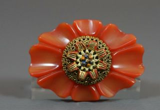 Antique Art Deco Carved Chunky Red Bakelite Flower Brooch Colored Brass Blossom