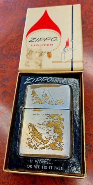 Vintage 1966 Fly Fishing Zippo Lighter Trout Fisherman With Vintage Box