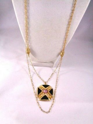 Vintage Gold Plated Chain Necklace Maltese Cross Pendant Black Enamel Rhinestone