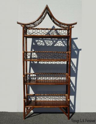 Vintage Oriental Asian Bamboo Rattan Bookcase Pagoda Etegere W Four Shelves