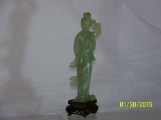 Chinese Qing Dy Jade Guanyin Hand Carved Statue Sculpture W/custom Wood Base