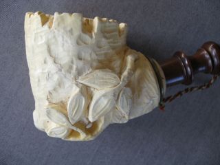 Vintage carved meerschaum estate pipe w wood stem & horn mouthpiece 3