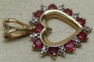 Vintage Solid 10k Yellow Gold Ruby & Diamond Heart Designer Pendant