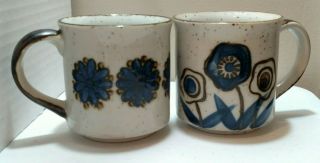 Otagiri Speckled Stoneware Set Of 2 Coffee Mugs Blue Flowers Vintage Japan T86