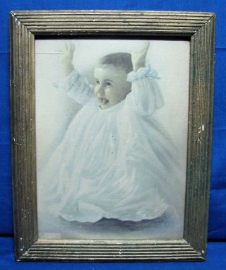 Vintage Framed Picture Of Baby - If It Is A Boy " Touchdown " - If Girl " Biggie Girl "