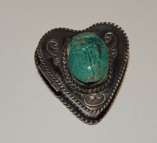 Vintage Sterling Silver Blue Scarab Heart Shape Pill Box