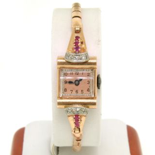 Antique Ladies Dinhofer 14k Rose Gold Diamond & Ruby 17j Swiss Mechanical Watch