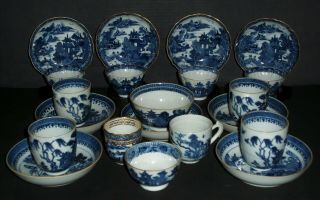 21x Piece 18th C Chinese Export Blue And White Tea Bowl Cup Saucer Dish Vase A/f