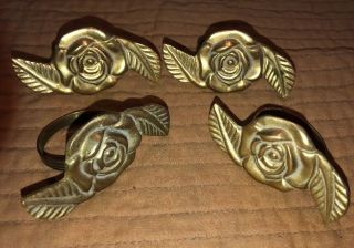 Vintage Set Of Four Brass Napkin Rings Holders Flower Rose Design