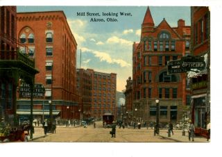 Mill Street Scene - Trolley - Painless Dentist Sign - Akron - Ohio - Vintage Postcard