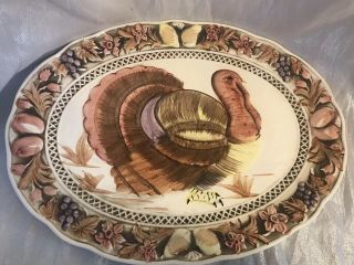 Vintage Lefton Japan Hand Painted Thanksgiving Turkey Large Oval Platter Plate