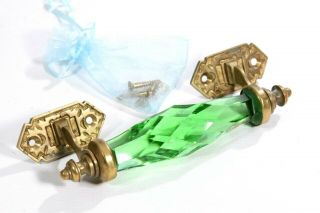 Vintage Antique Rare Brass Green Cut Glass Victorian Engraved Door Handle 7 1/2 "