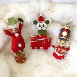 Vintage Christmas Ornaments Set Of 3 Circus Flocked Felt Ringmaster Clown Mouse