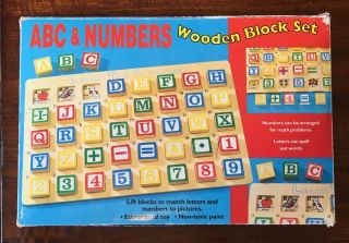 Vintage Abc & Numbers Wooden Block Set With Wooden Pictures Base